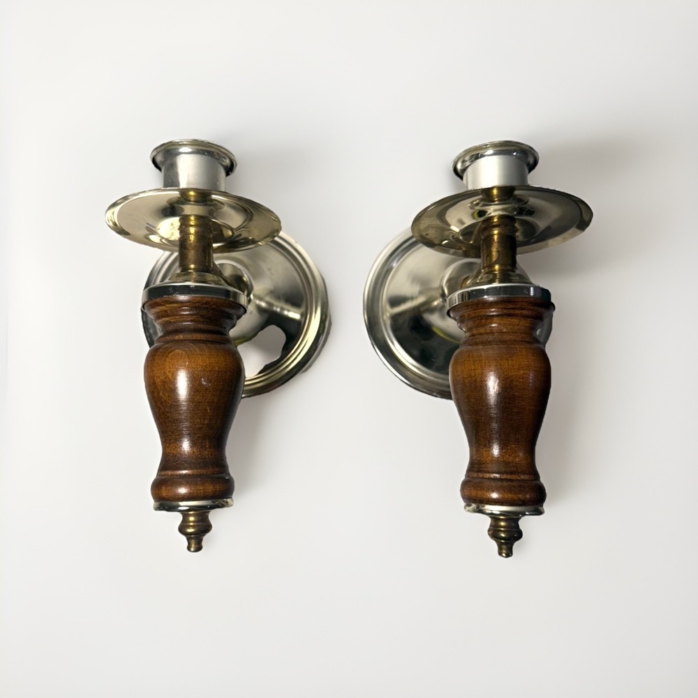 Vtg HOMCO Mid-Century Gold Brass Wood Wall Sconce Taper Candleholders Pair of 2